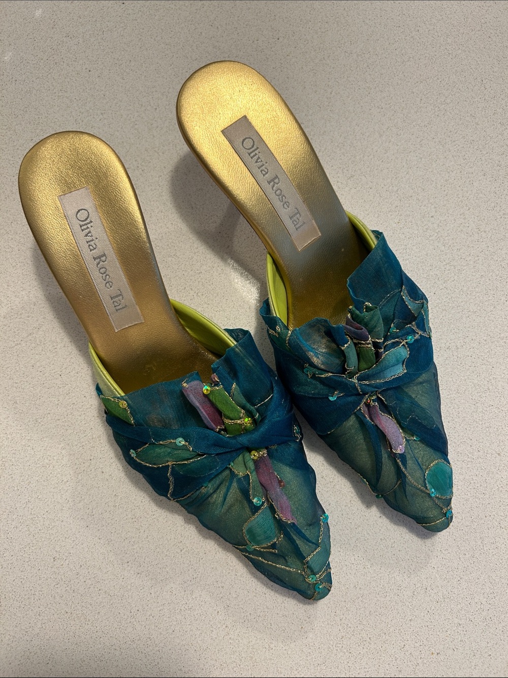 Vintage Olivia Rose Tal Teal Embellished Pointed-Toe Kitten Heels